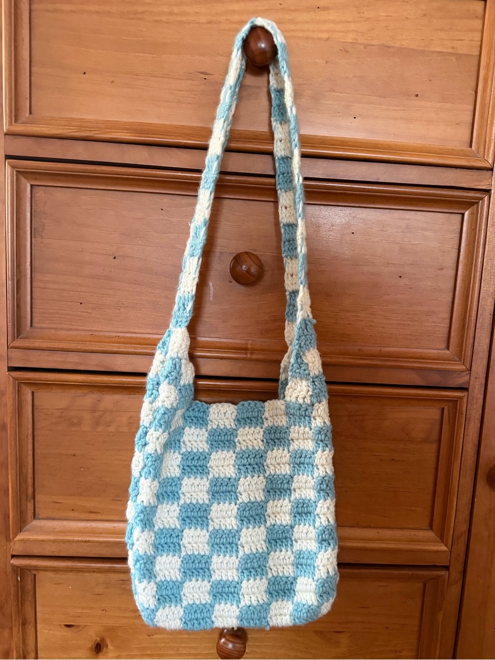 Handmade Blue and Cream Checkered Crochet Shoulder Bag